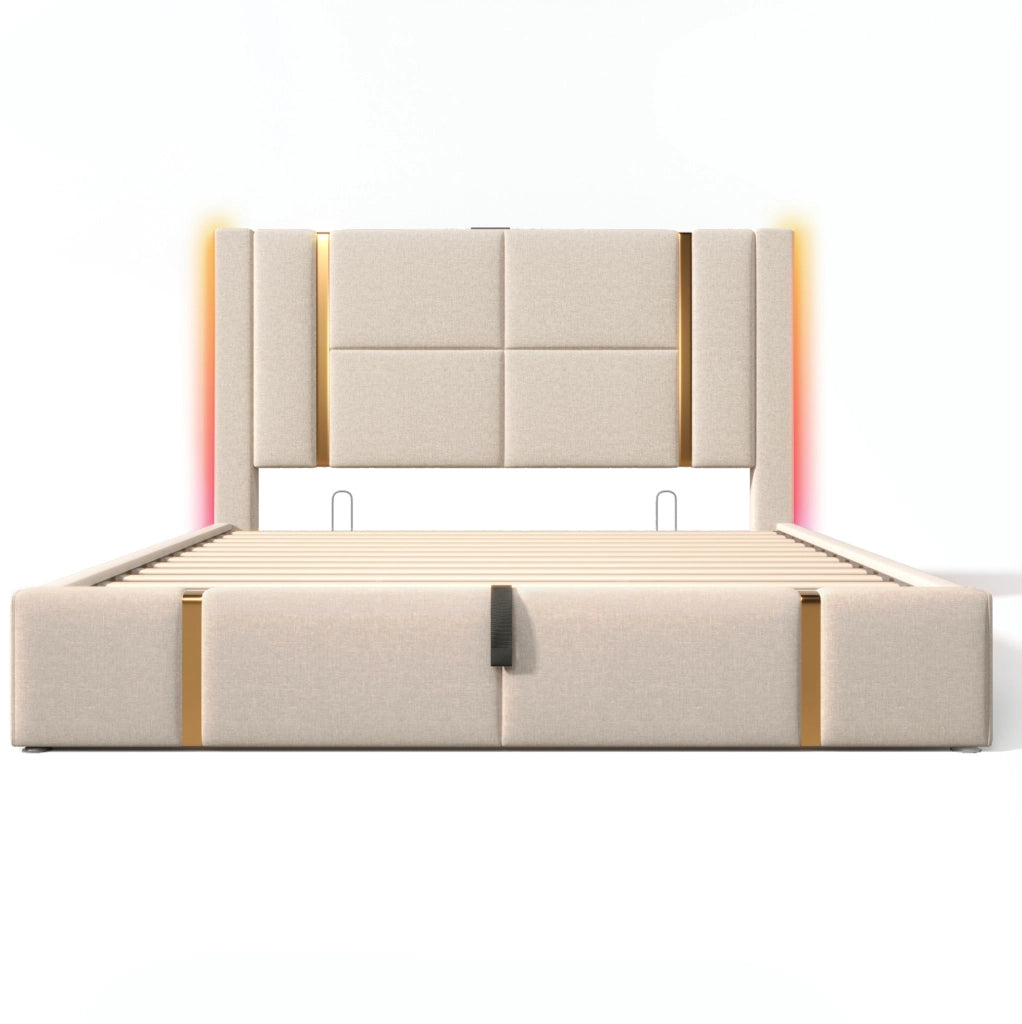 Letto matrimoniale 160x200 cm con contenitore; LED RGB; porte USB e Type-C; beige in lino; con materasso
