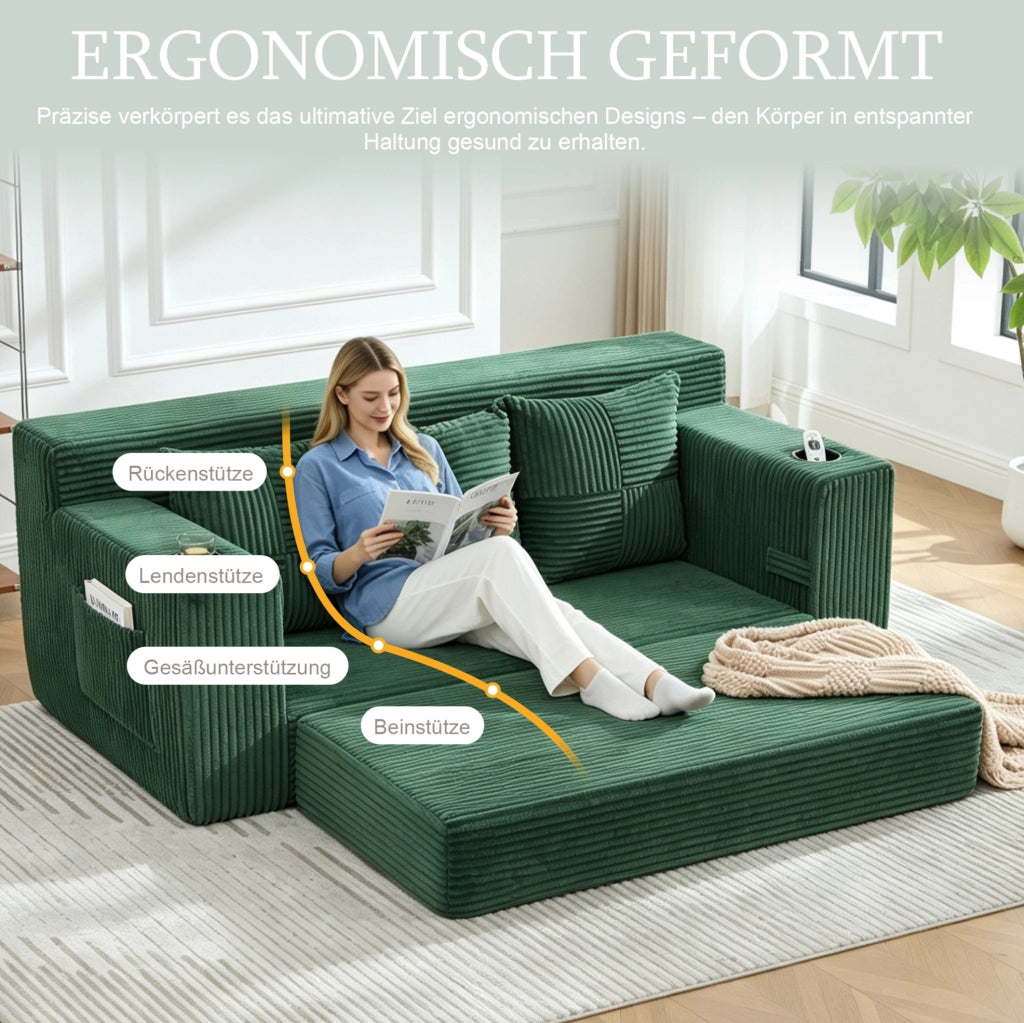 DIVANO Modulare 2 Posti 172x87x64 cm Velluto a Coste Verde Smeraldo