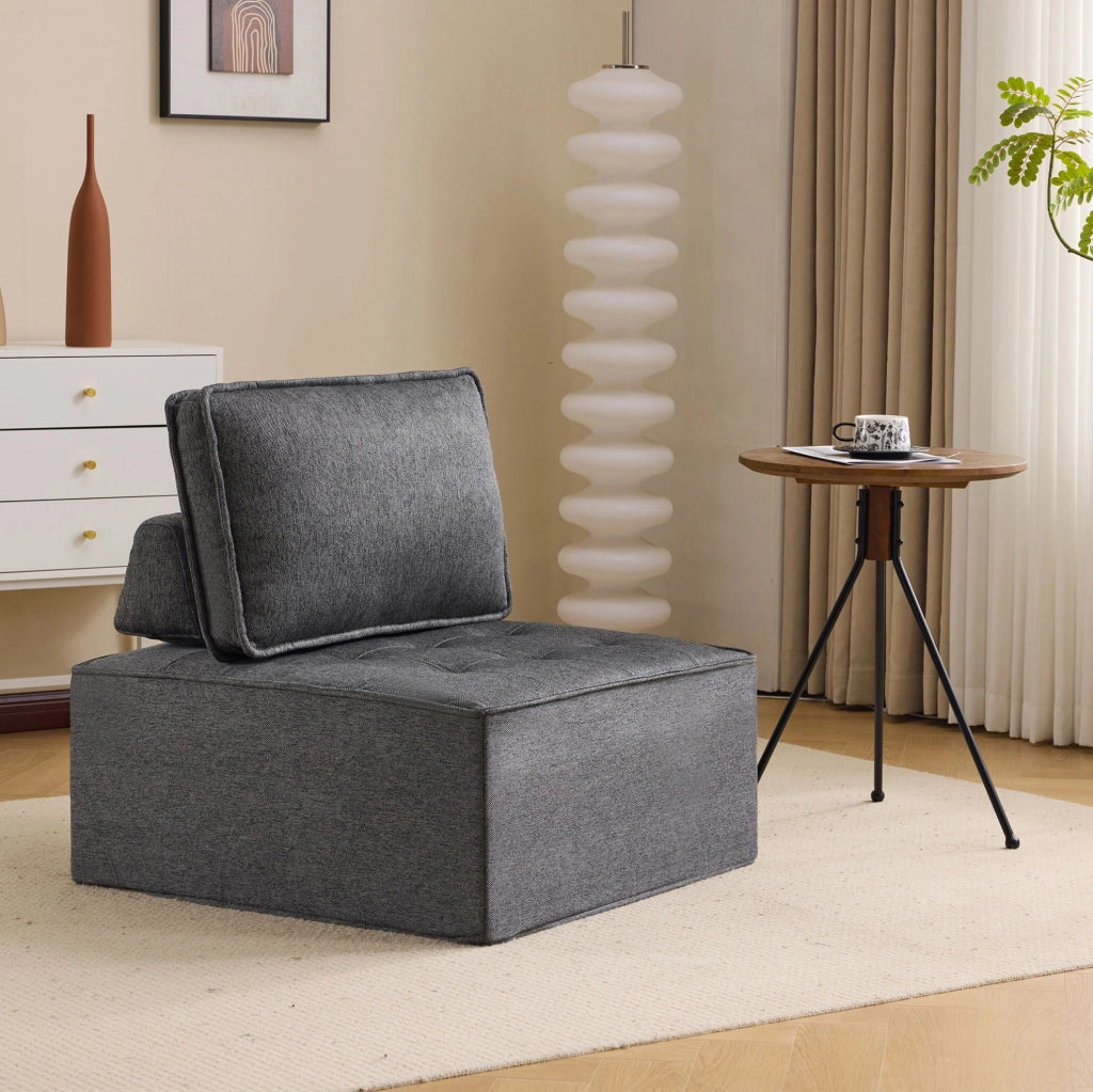 Divano relax modulare componibile in tessuto di lino grigio scuro; struttura in compensato
