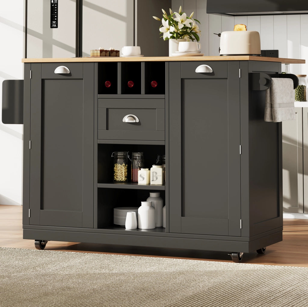 Carrello da cucina 140x40x93.5 cm con piano richiudibile e ruote in MDF nero
