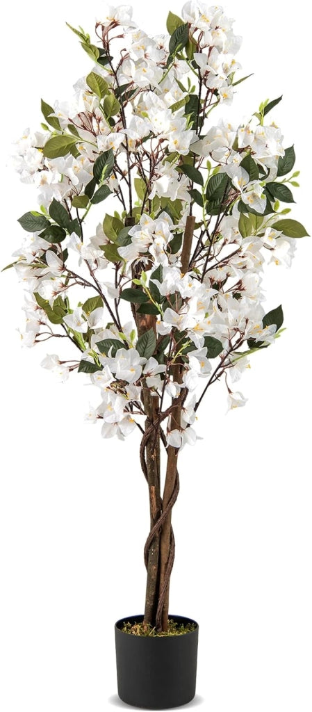 Bougainvillea Artificiale 120 cm, Albero di Buganville Finto con Fiori Aperti e Rami Realistici, Pianta Decorativa per Ingresso, Soggiorno, Ufficio, Rossa/Bianco (1, Bianco)