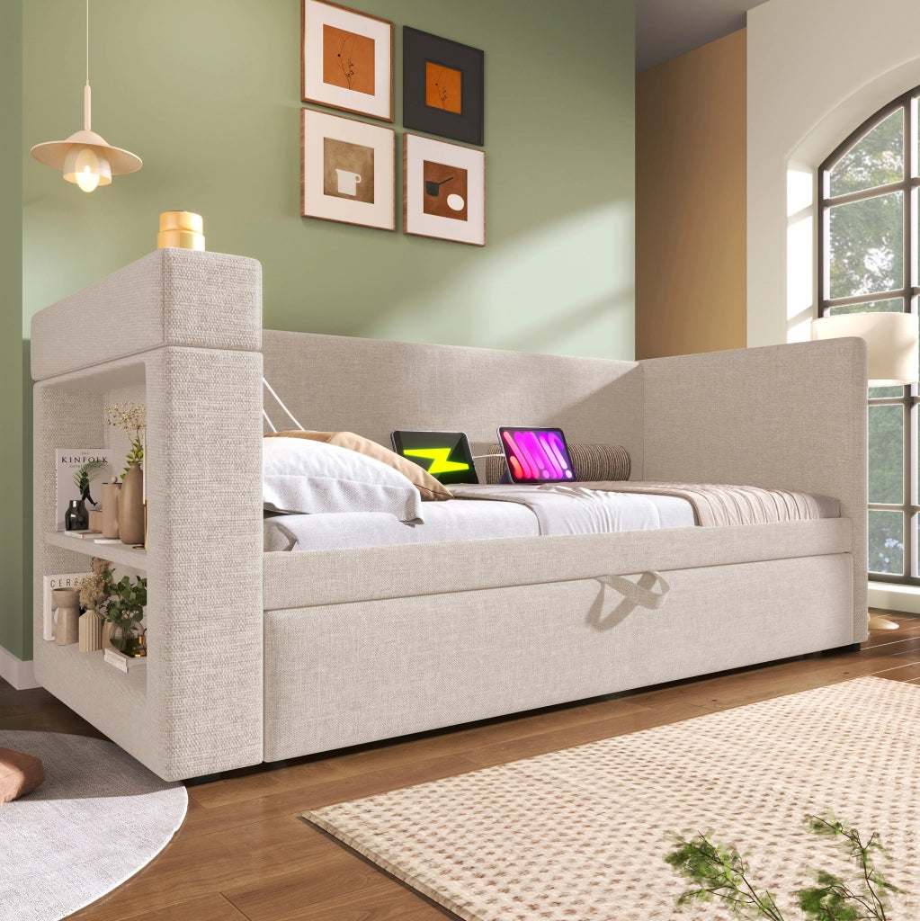 Divano letto estraibile 90x190 cm beige con USB-C, portabicchieri e braccioli reversibili