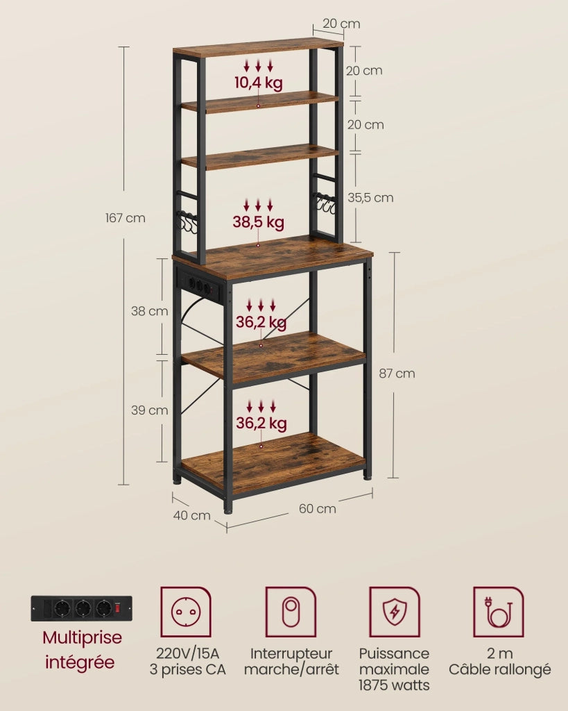 Mensola da cucina con multipresa mensola per macchina da caffè 6 ripiani 6 ganci per forno a microonde struttura in acciaio 40 x 80 x 167 cm marrone 12_0005663