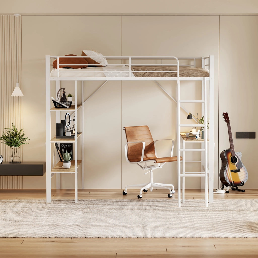 Letto a soppalco; Letto singolo con scrivania e 3 ripiani; 90×200 cm; senza materasso; metallo e MDF; Bianco