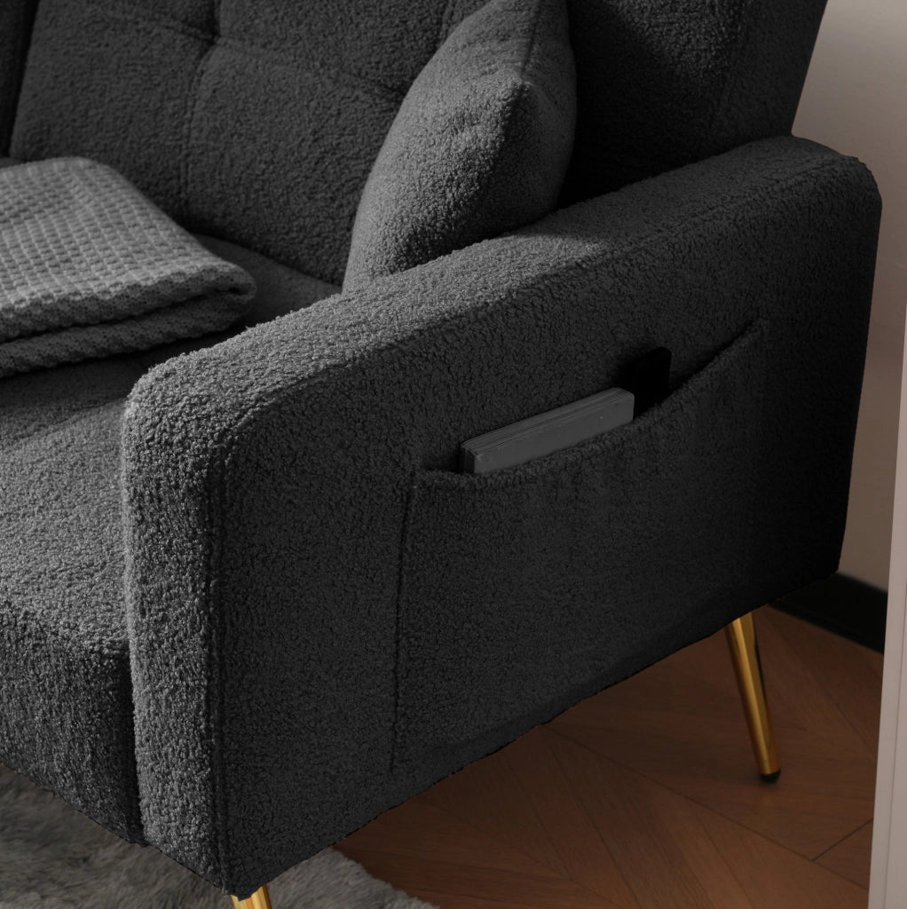 Divano letto convertibile con schienale regolabile, tasche laterali e gambe dorate, 175 cm