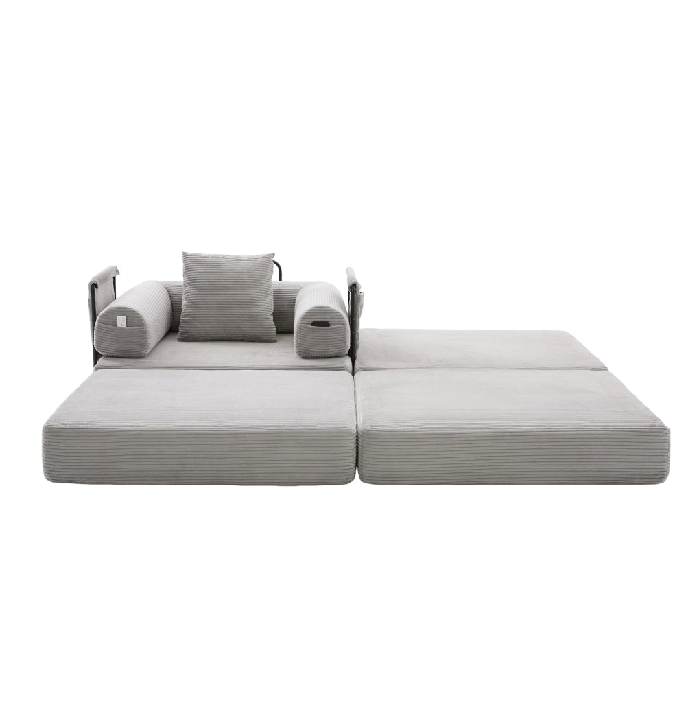 Divano modulare in velluto a coste con pouf grigio chiaro