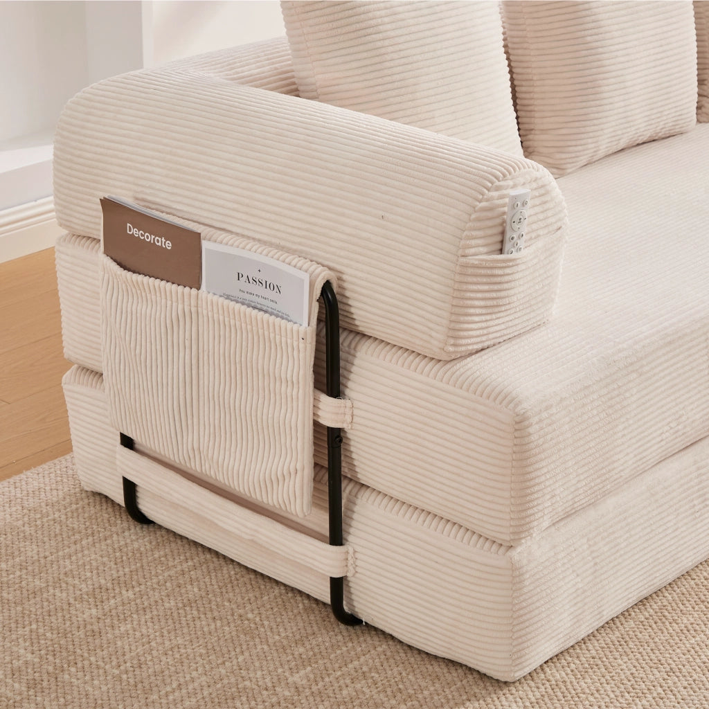 Divano modulare con tasca laterale e 3 cuscini struttura in metallo e velluto a coste per soggiorno beige