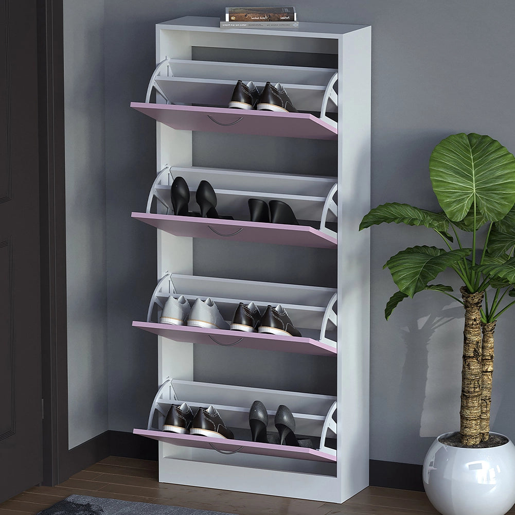 Scarpiera 4 Ante Ripiani Doppia Profondità con Maniglia Rosa e Bianco 63x24x150cm