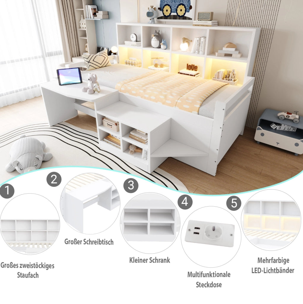 Letto singolo multifunzione 90x200 cm con scrivania; LED e vani contenitore; bianco