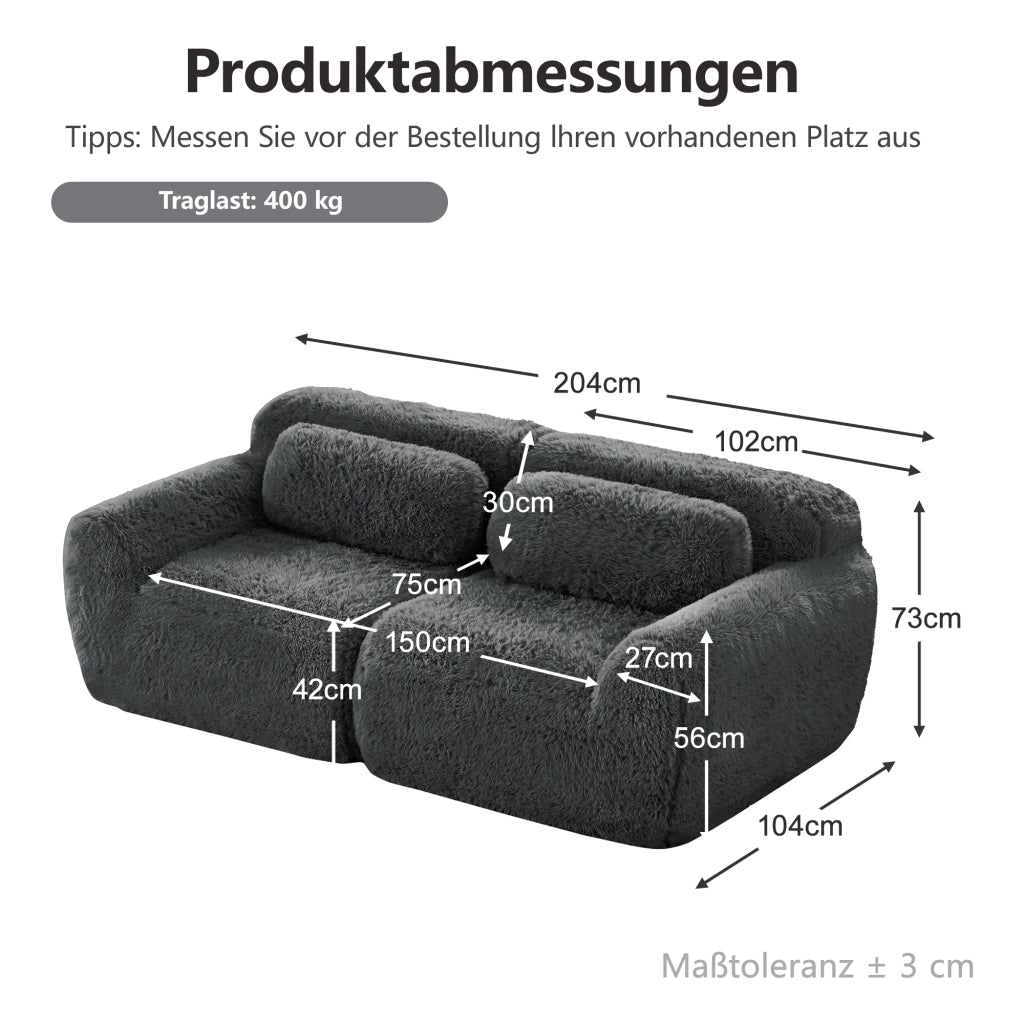 Divano Modulare 2 Posti con Design Senza Struttura, Cuscini e Base Antiscivolo, in Peluche Grigio