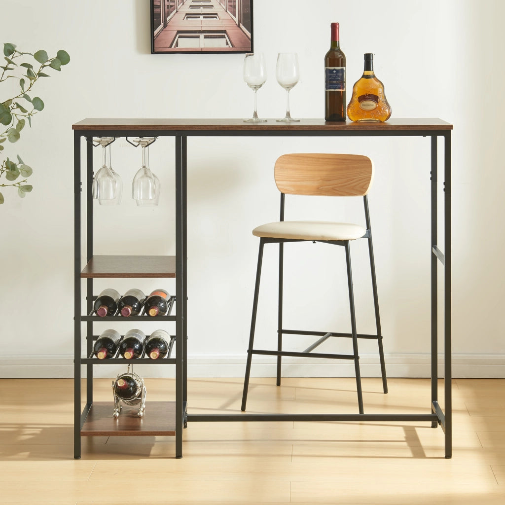 Tavolo Alto da Bar Stjørdal con Griglie per Calici e Portavino 120x40x105 cm Nero / Effetto Noce [en.casa]
