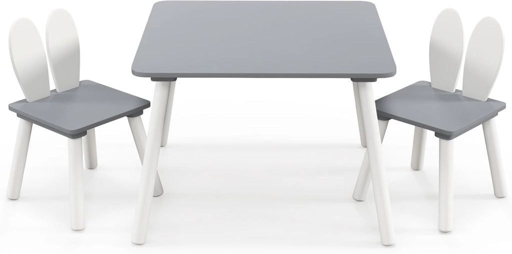 Set Tavolo e 2 Sedie per Bambini 3-6 Anni, Sedie Ergonomiche in Legno con Schienali a Forma di Orecchie di Coniglio, Portata 40kg, Salvaspazio, Ideale per Gioco e Disegno (Bianco)