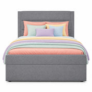 Letto singolo 90 × 200 cm con vano contenitore e struttura imbottita; senza materasso; in lino e MDF; grigio