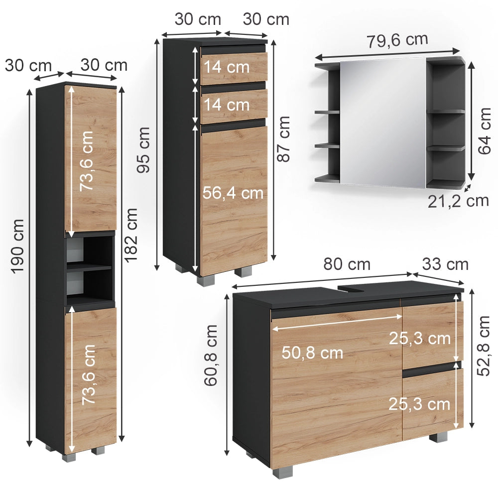 Vicco Set mobili bagno Grigio 4 parti