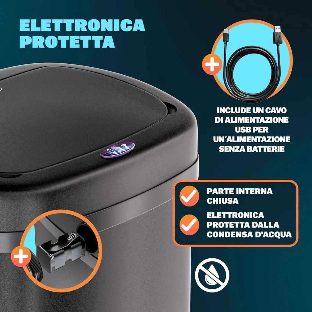 ® Cestino 58L con Sensore Automatico Movimento Display LED Pattumiera Rifiuti Smart Bidone Intelligente Cavo USB