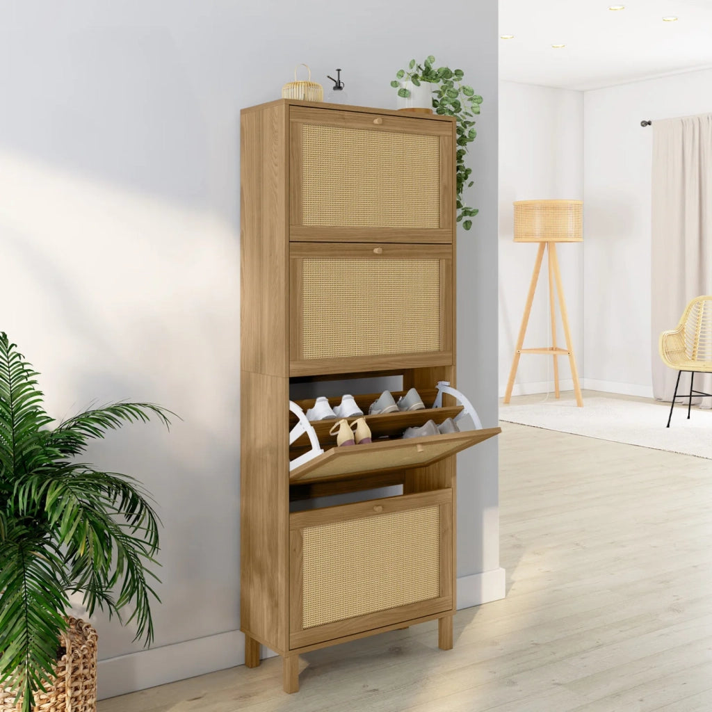 IDMarket - HANAE Scarpiera vintage da 24 pezzi con 4 ante in canna effetto naturale