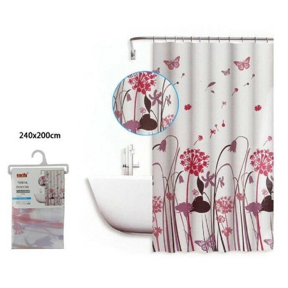 Trade Shop - Tenda Doccia Antimuffa Impermeabile 240x200 Cm Anelli Bagno Fiori Farfalle 59516 -