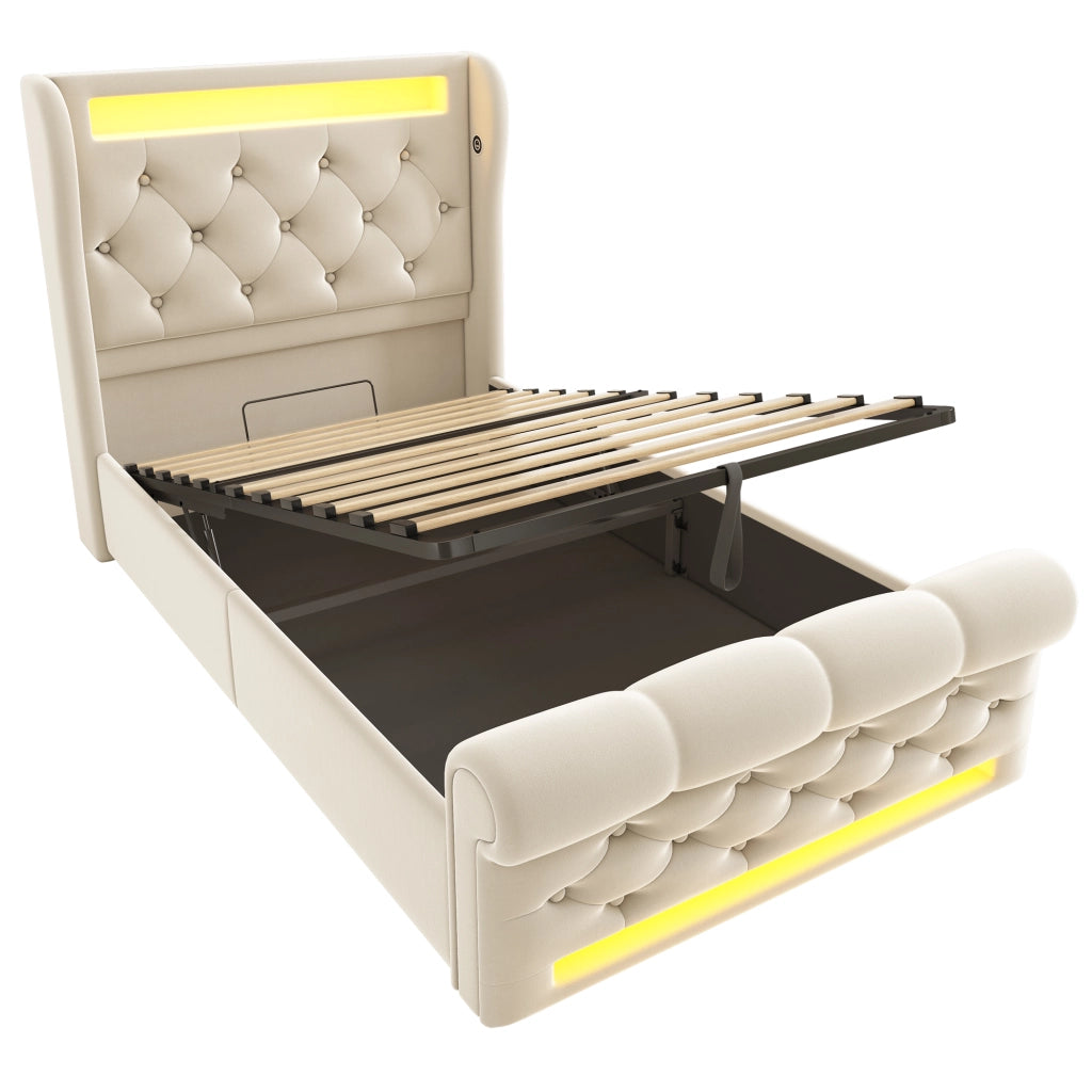 OKWISH Letto Contenitore 90×200 cm, Letto Singolo con LED, USB, Tipo C e Testiera con Contenitore, Materasso Incluso, in Velluto, Beige