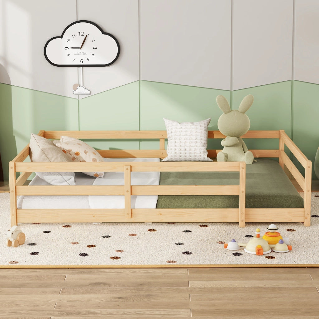 Letto per bambini 140 × 200 cm con barriera a 4 lati, rete inclusa, senza materasso, in legno massiccio, naturale