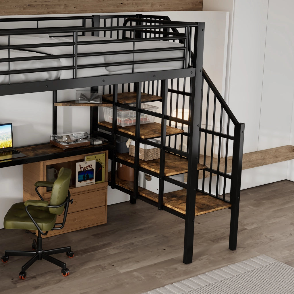 DESMIU Letto a soppalco 120 × 200 cm 1 posto con porta USB e appendiabiti, senza materasso, in metallo e legno, nero