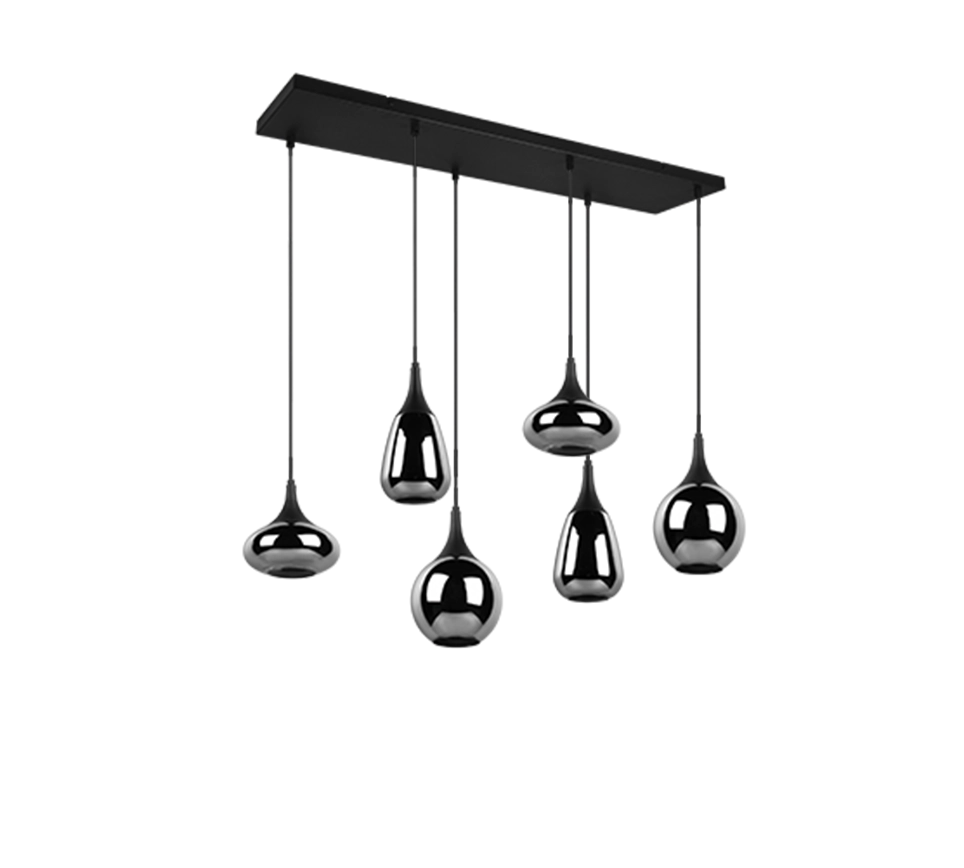 Lampada a sospensione 6 diffusori, metallo, nero e fumé, L 85 cm, Lumina
