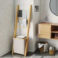 Mobile da Bagno in Bambù con Porta Asciugamani a 3 Barre e Cesto per Biancheria Sporca Rimovibile da 48 L, Crema