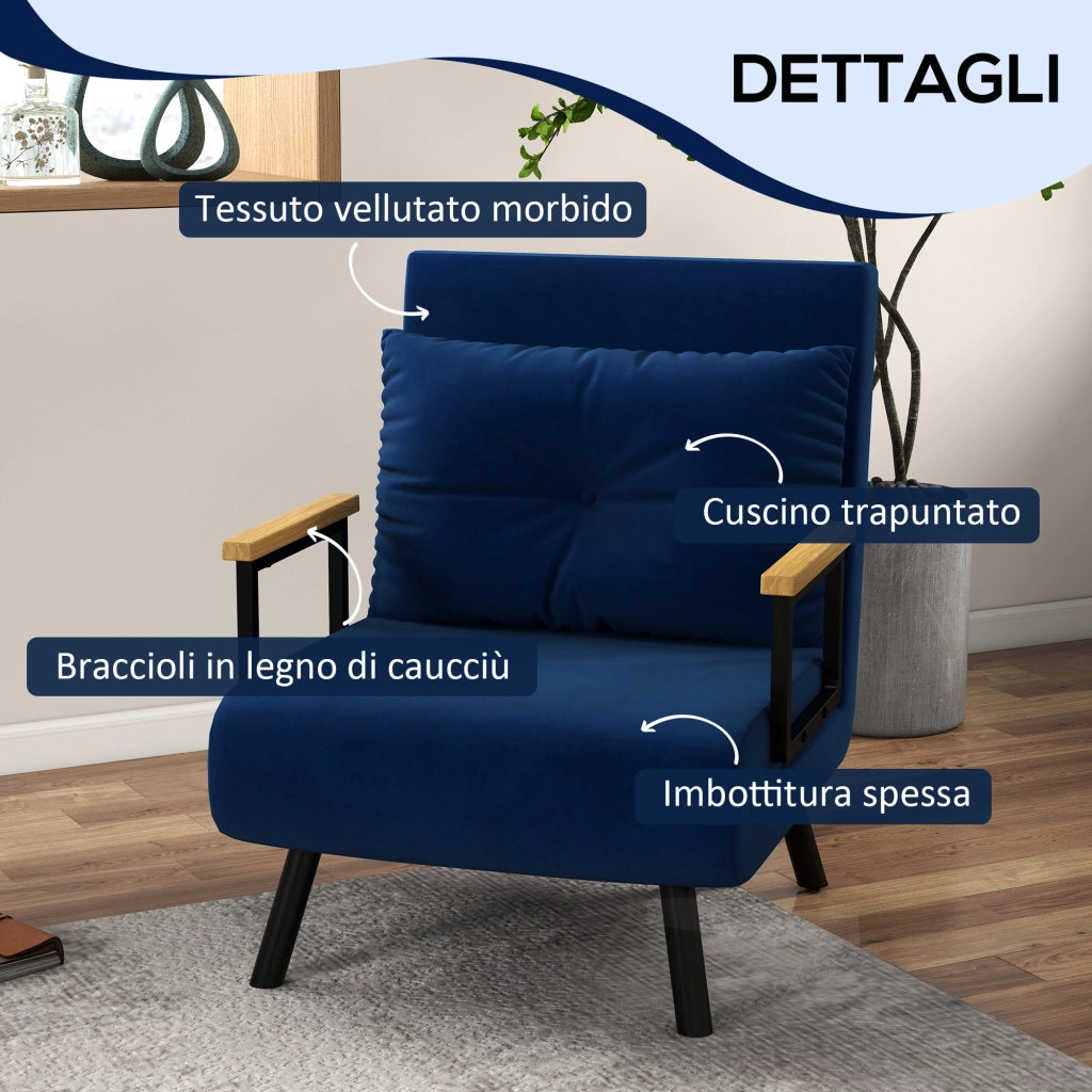 Poltrona Letto con Schienale Reclinabile e Cuscino ¨C Zephmum ¨C Tessuto Velluto Blu 63x73x81