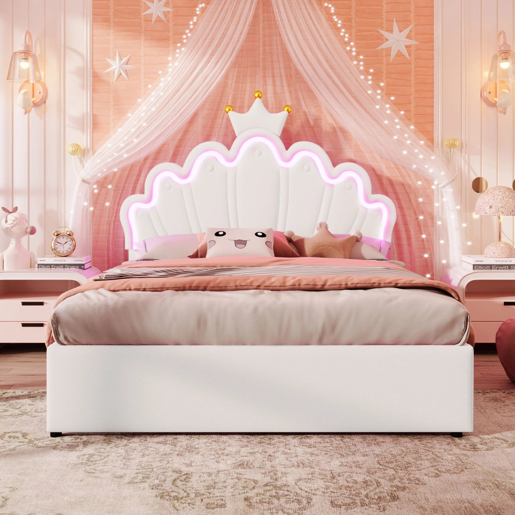OKWISH Letto Con Cassetti 140×200 cm, Letto Matrimoniale con LED Regolabile, 2 Cassetti e Testiera Regolabile, senza Materasso, PU, Bianco