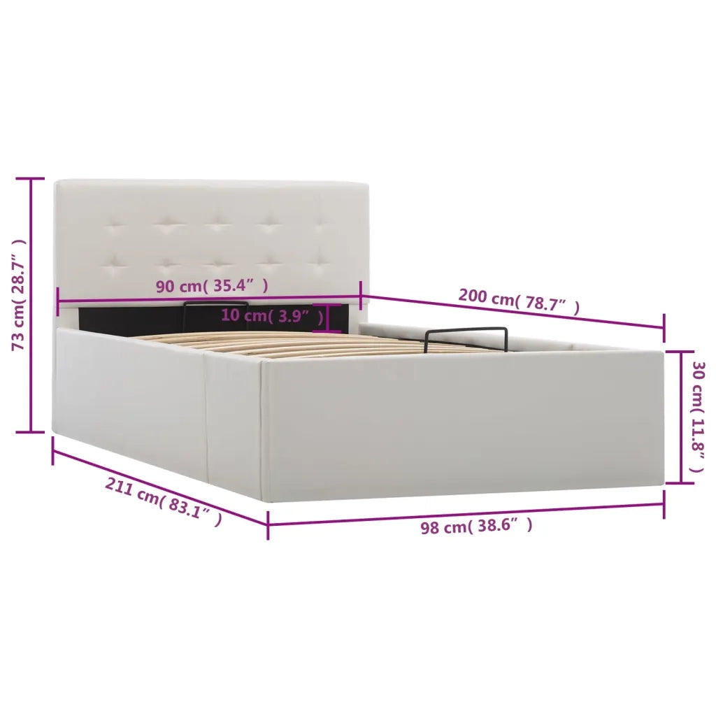 Letto singolo | Letto per adulti | Giroletto con Contenitore Idraulico Bianco Similpelle 90x200cm