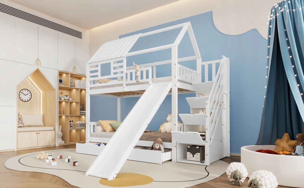 Letto a castello per bambini - Xylo - 90x200cm - Bianco - Scivolo
