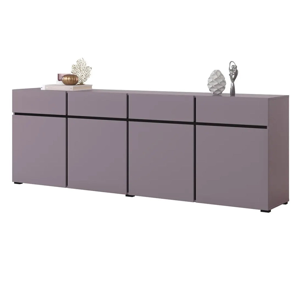 Buffet HAVANA 225 cm – Lilla pastello e nero – 4 porte, 4 cassetti – Design moderno