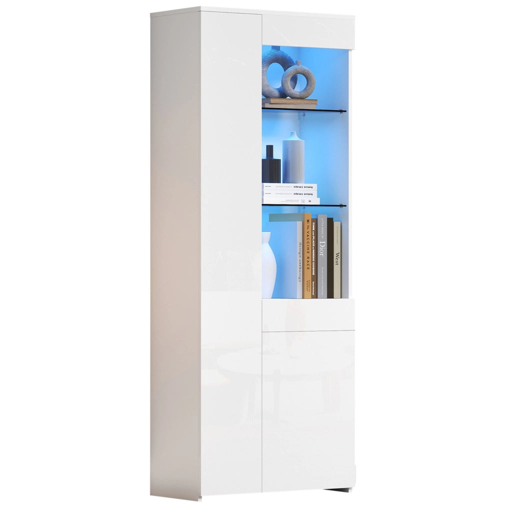 Vetrina alta 70x35x180 cm bianca con LED; 2 ante; cassetto e ripiani in vetro temperato