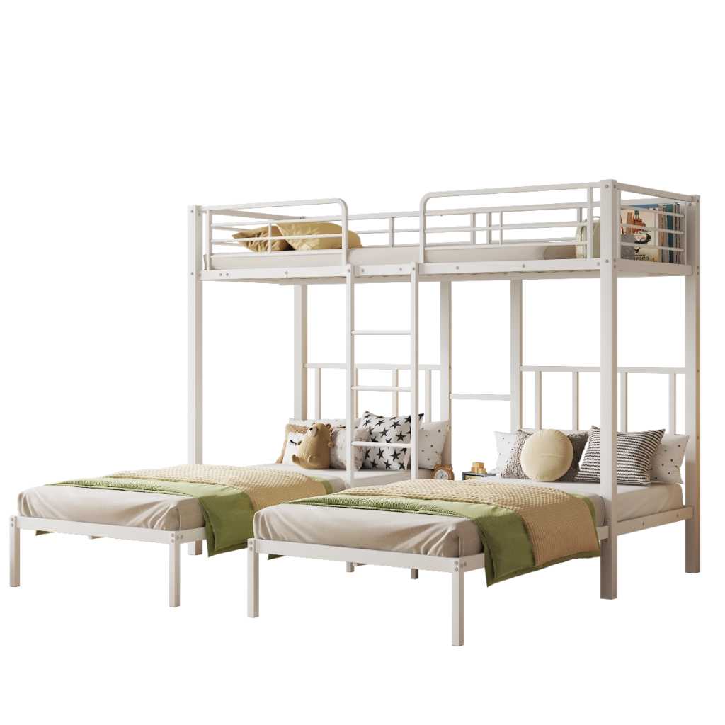 OKWISH Letto a Castello 90×200 cm, Letto 3 Posti con Scala, Sponde di Sicurezza e Tavolo, senza Materasso, in Metallo, Bianco