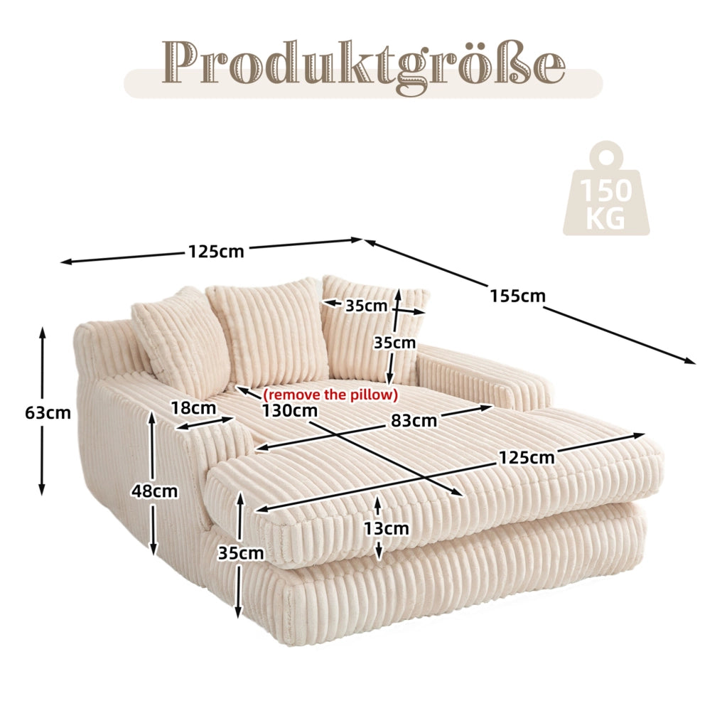 Chaise longue in corduroy 125x155x63 cm con 3 cuscini; beige