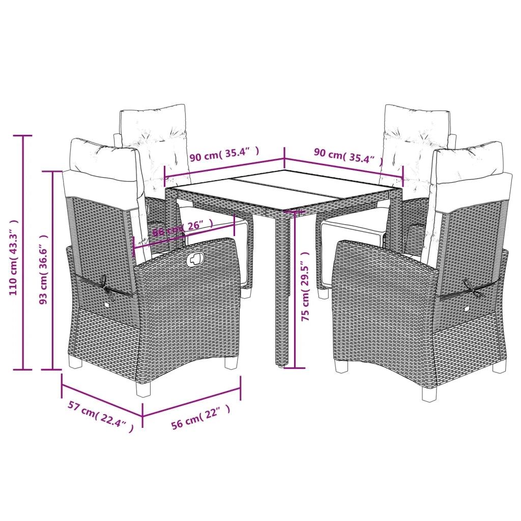 Set da Pranzo da Giardino 5 pz Nero con Cuscini in Polyrattan 3212883