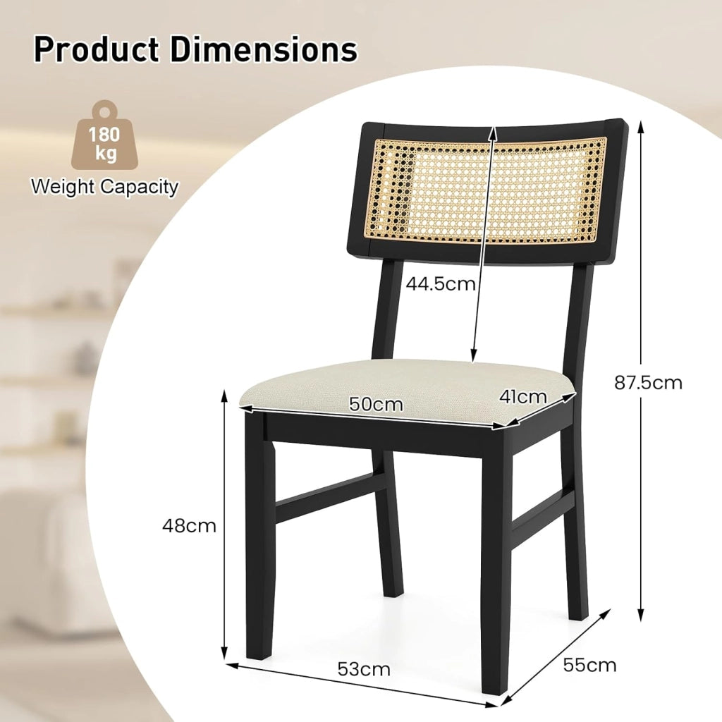 Set di 2 sedie da pranzo con schienale in rattan, sedie da cucina imbottite, portata fino a 180 kg, sedia imbottita in legno, per sala da pranzo, soggiorno, cucina, balcone (nero)