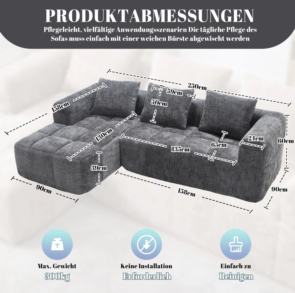 Divano angolare 250x158x60 cm senza installazione in chenille grigio