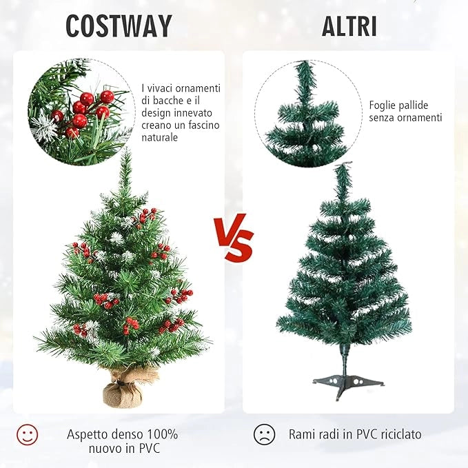 Mini Albero di Natale 60/90 cm, Albero di Natale Piccolo con Rami in PVC,12/15 Grappoli di Bacche Rosse, per Casa, Ufficio e Negozio (60 CM)