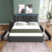 Letto Contenitore Imbottito con LED ¨C MINIMAL ¨C Grigio, 140x200, 4 Cassetti, Testiera Regolabile