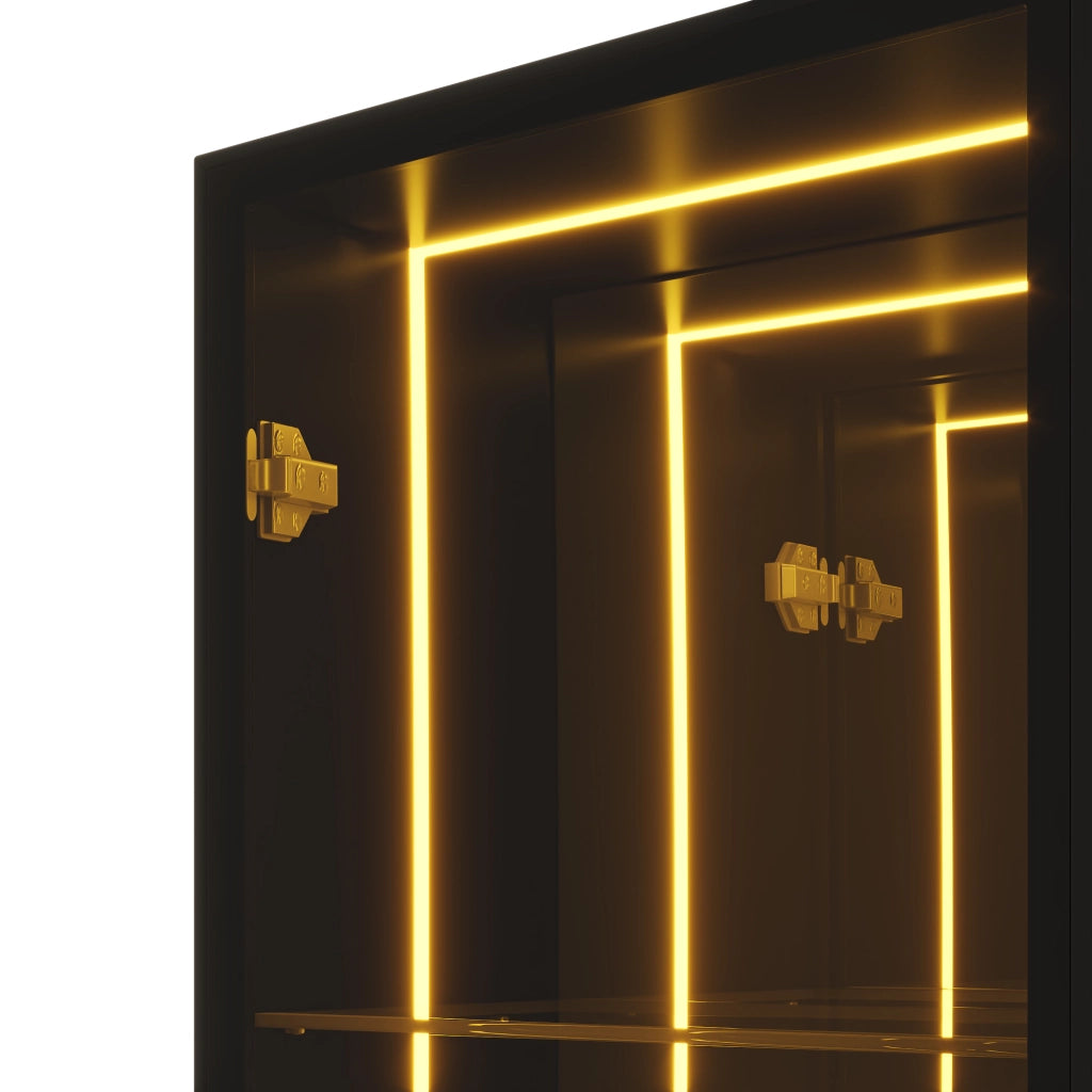 Vetrina con LED 1 anta 5 vani e ripiani regolabili in vetro temperato alluminio e MDF nero 30 × 30 × 160 cm