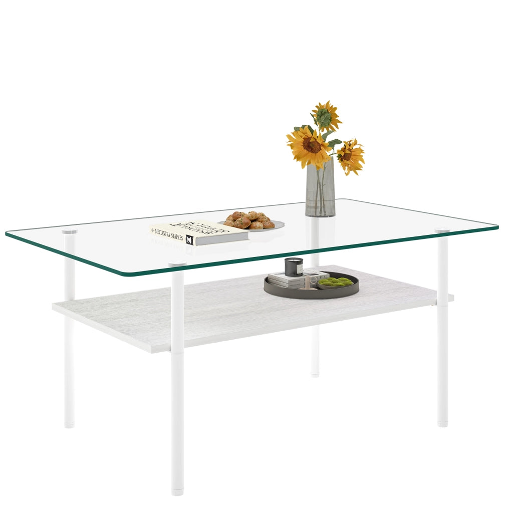 Tavolino basso con piano in vetro temperato e ripiano in MDF, struttura in metallo bianco per soggiorno, 98 × 58 × 45 cm