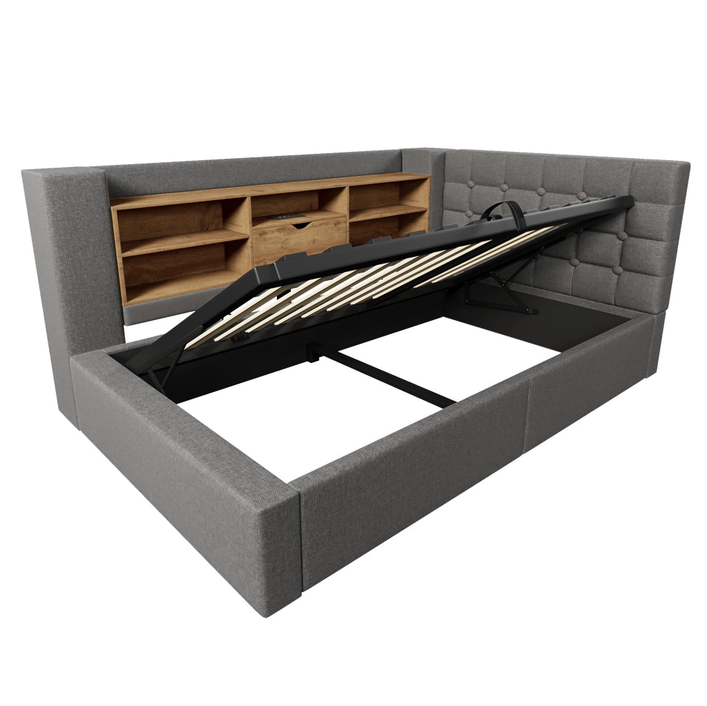 Letto singolo 90 × 190 cm con contenitore idraulico; LED e porte USB; tessuto grigio