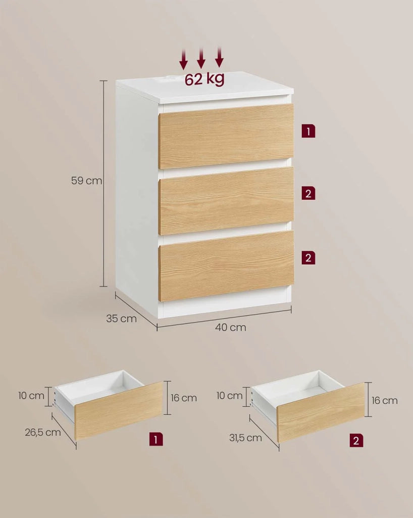 Comodino con multipresa tavolino con 3 cassetti 2 prese CA 2 porte USB frontali dei cassetti smussati per soggiorno camera da letto ufficio beige moderno 12_0007615