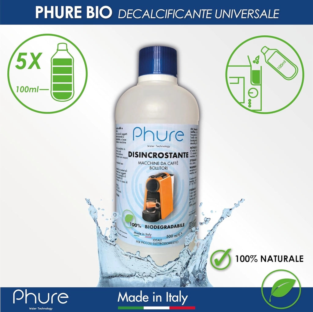 PHURE BIO DECALK Decalcificante Universale Naturale Disincrostante Concentrato Universale per tutti gli elettrodomestici Compatibile con tutte le macchine da caffè, bollitori 500ml