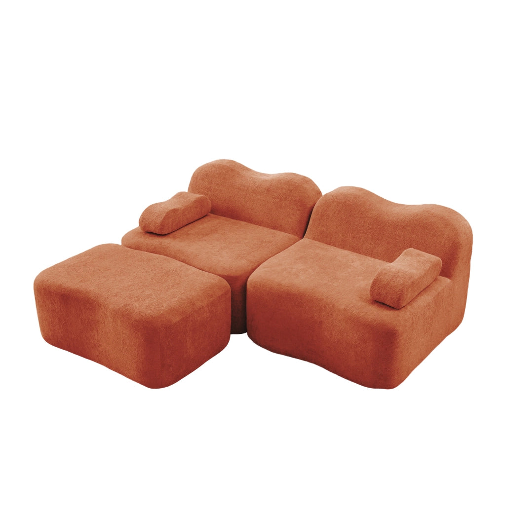 Divano angolare modulare 2 posti con pouf; 192x167x70 cm in velluto arancione