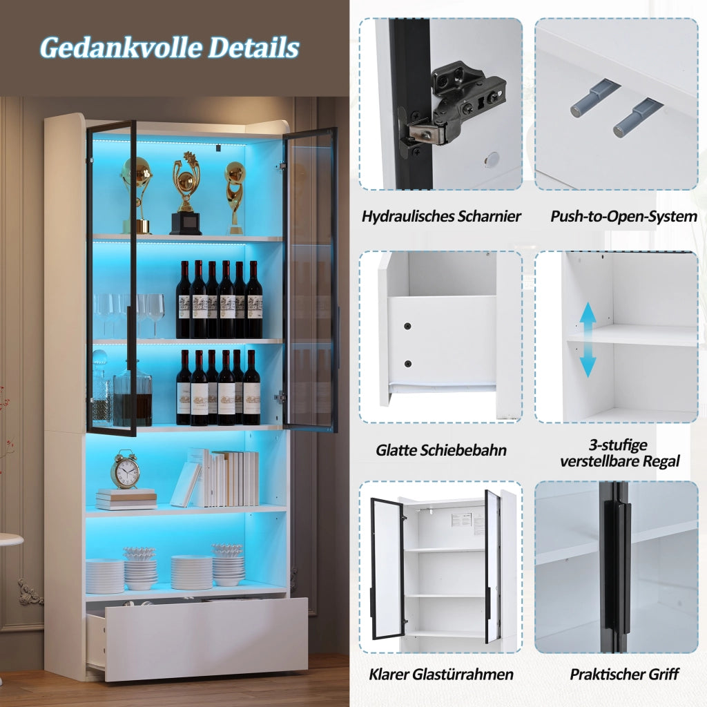 Vetrina alta con led e 1 cassetto con 6 vani e ante in vetro per soggiorno in mdf e vetro bianco 80 × 34 × 180 cm