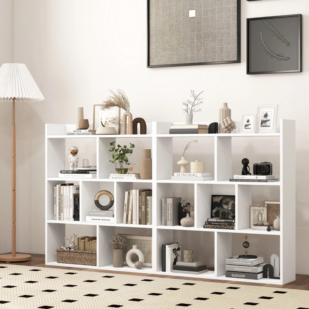 Libreria a cubi aperti con 7 scomparti, Mensola espositiva per l'archiviazione in legno per studio soggiorno Bianco-Librerie
