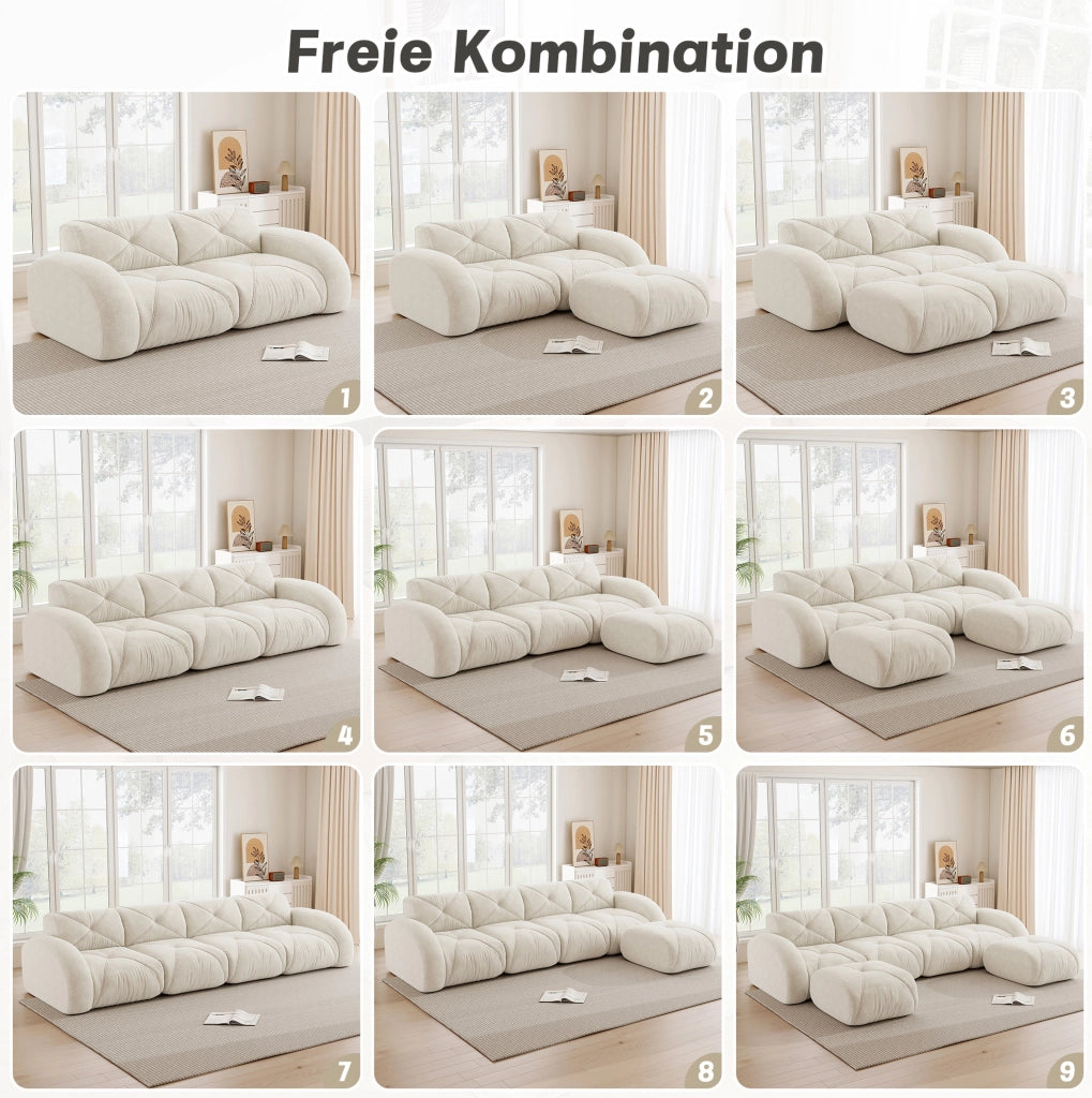 Divano modulare in tessuto chenille con imbottitura in schiuma 32D; beige chiaro