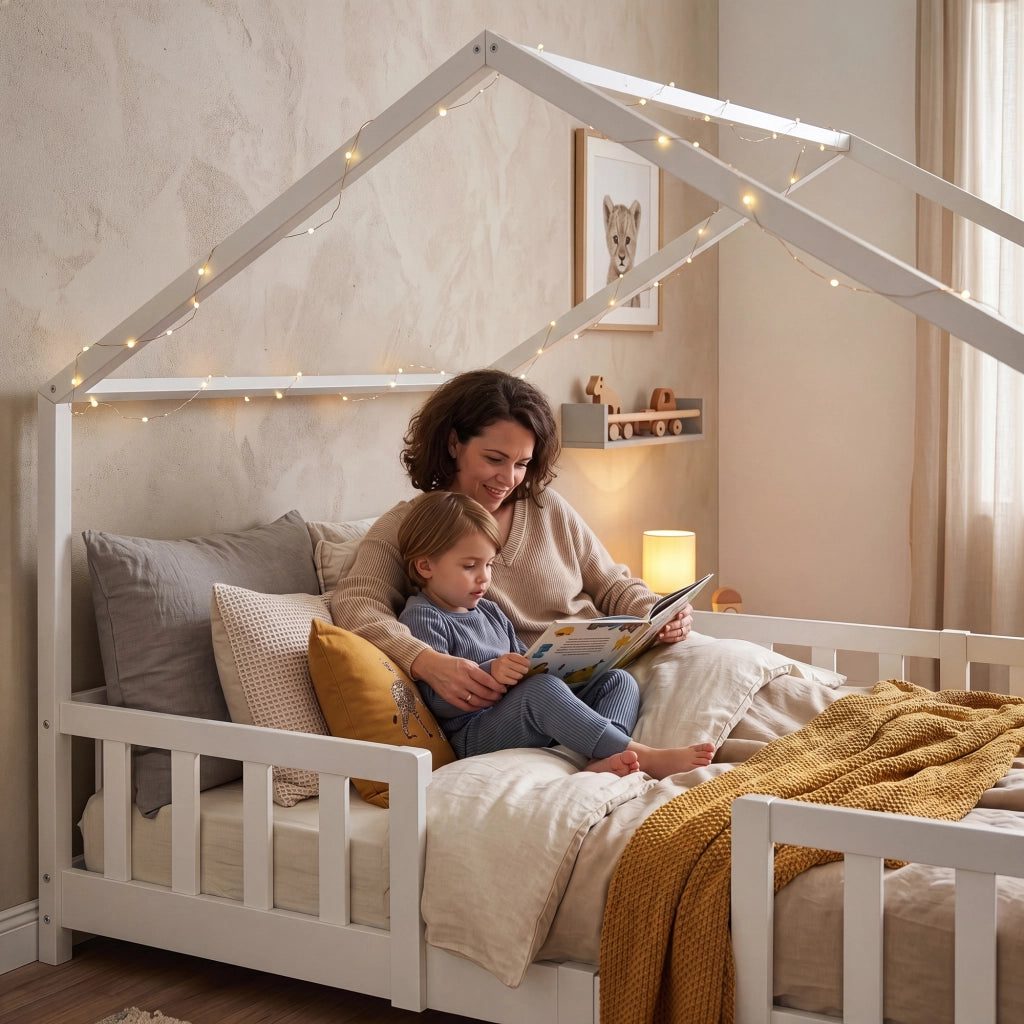 Letto per Cameretta Treviolo a Forma di Casetta in Stile Montessori con Materasso 120x200 cm - Bianco [en.casa]