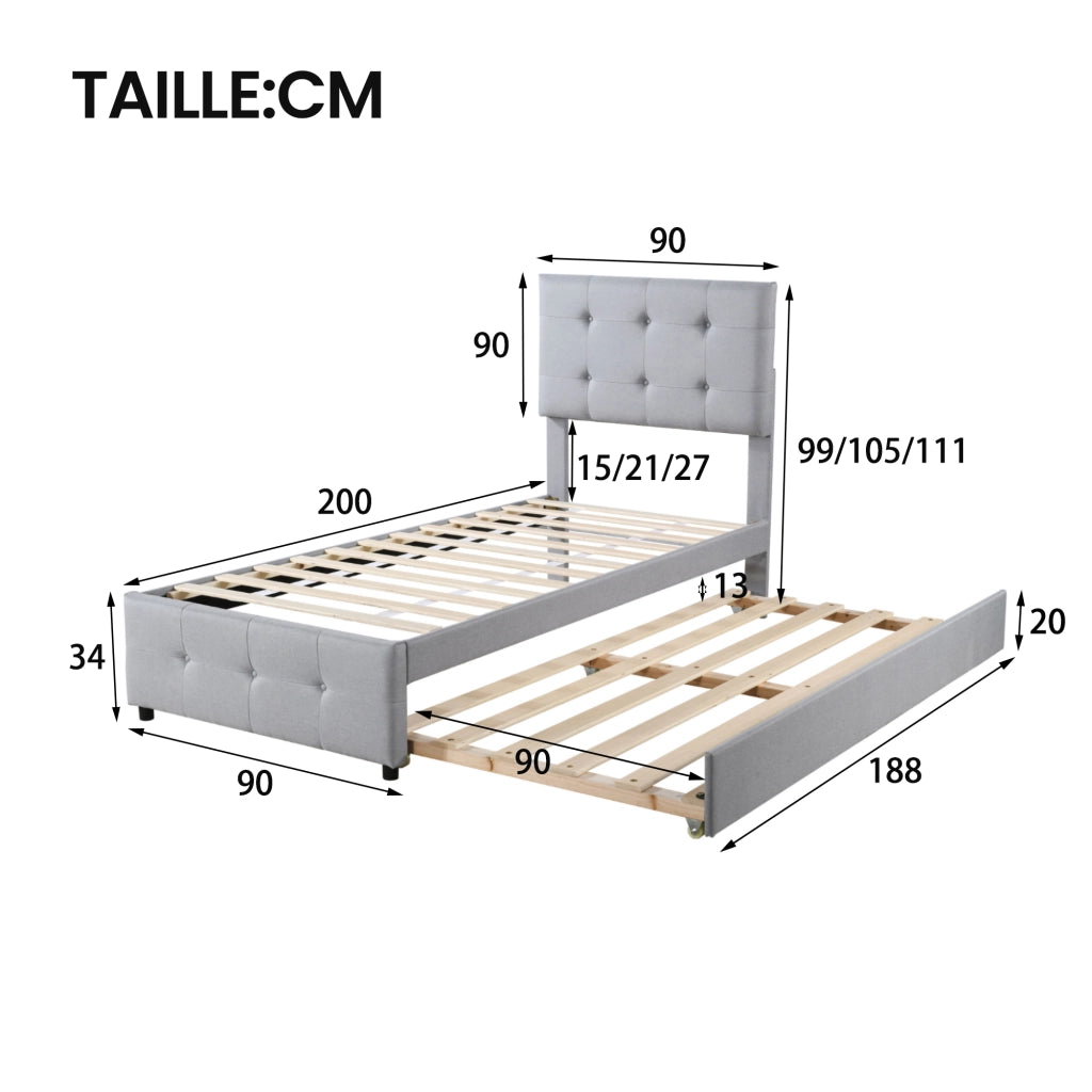 Letto singolo estraibile 90×200 cm e 90×190 cm con testiera regolabile; senza materasso; imbottito; grigio